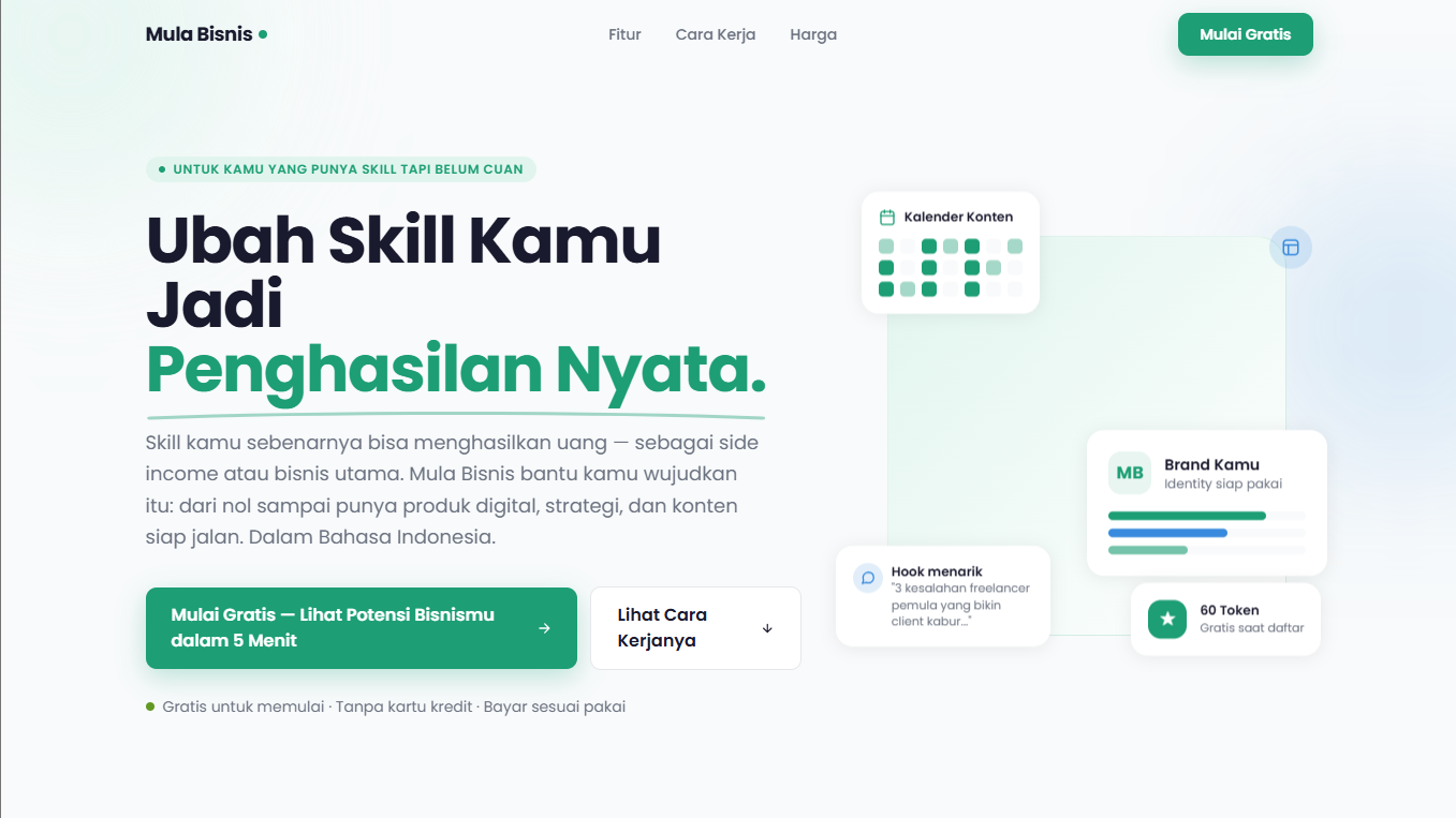 Screenshot mulabisnis — platform ubah skill jadi bisnis digital